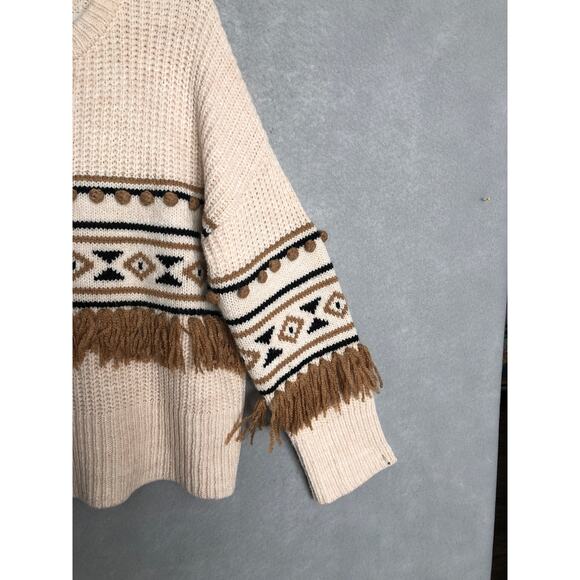 Driftwood Geometric 3D Tassel Pom-Pom Sweater Women's Large Cream NEW - Picture 3 of 9
